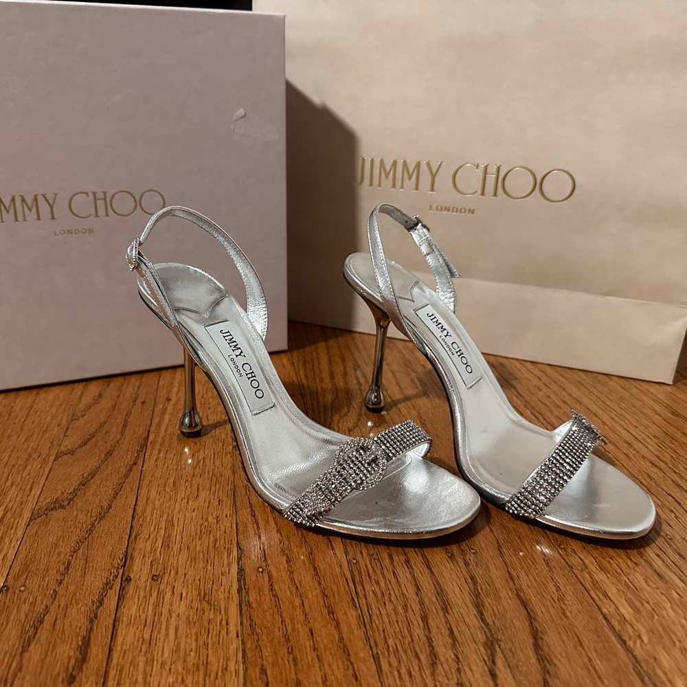 Jimmy Choo Tabatha 95 Silver Metallic Nappa Leather Sandals